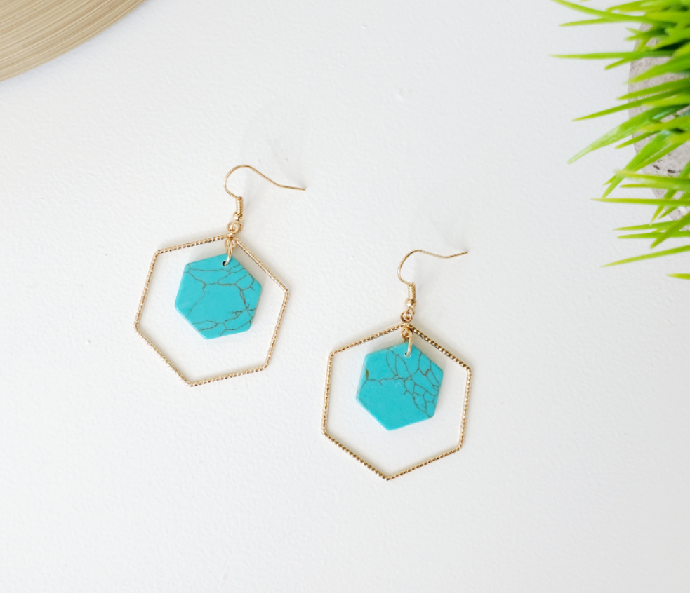 Turquoise & Gold Hexagon Earrings | Jewelry |